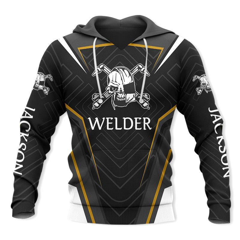 Personalized welder hoodie featuring black white gold welder badge all-over print