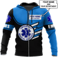 Personalized EMS paramedic zip hoodie featuring blue emergency medical services all-over print, zip-front design