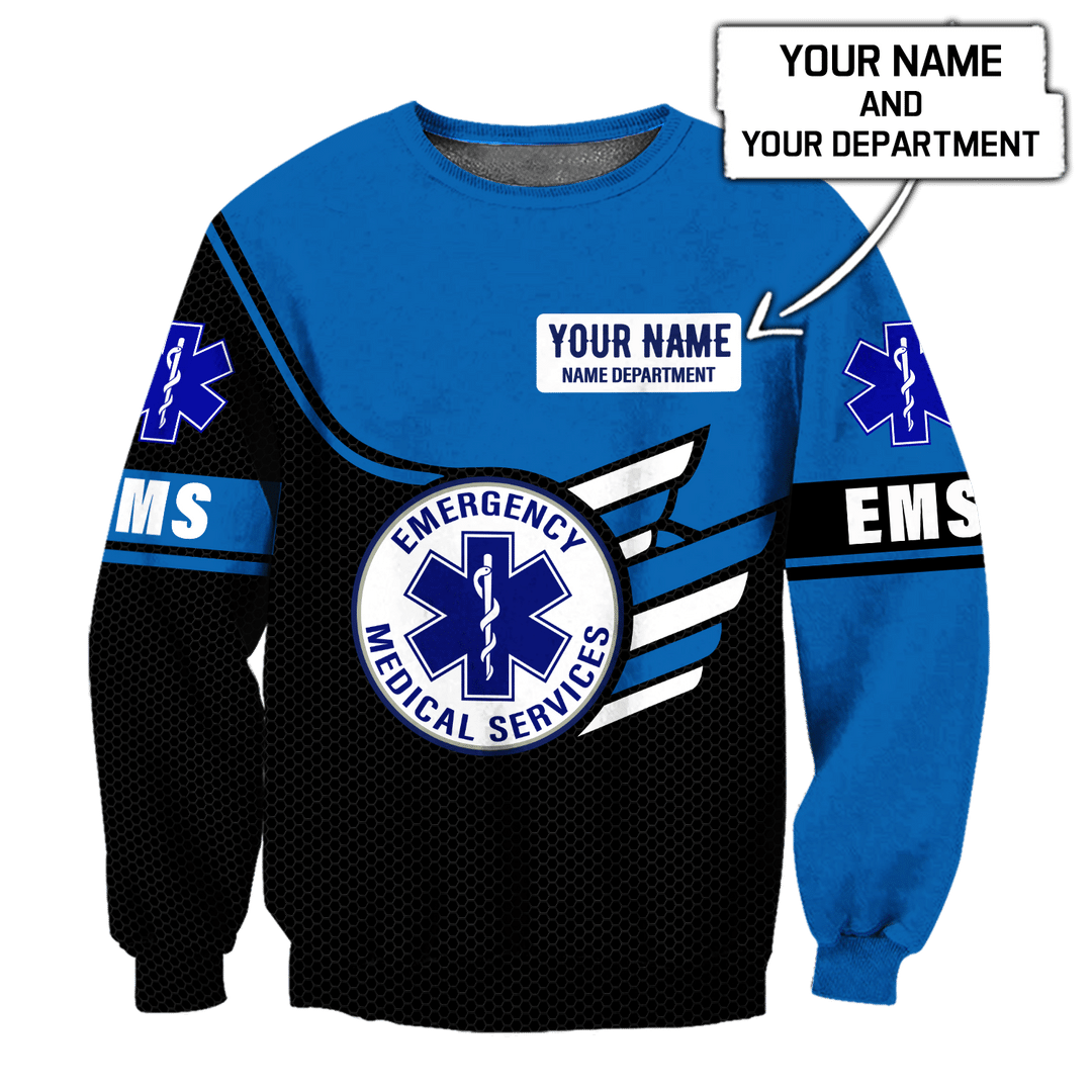Personalized EMS paramedic sweatshirt featuring blue emergency medical services all-over print, crewneck design