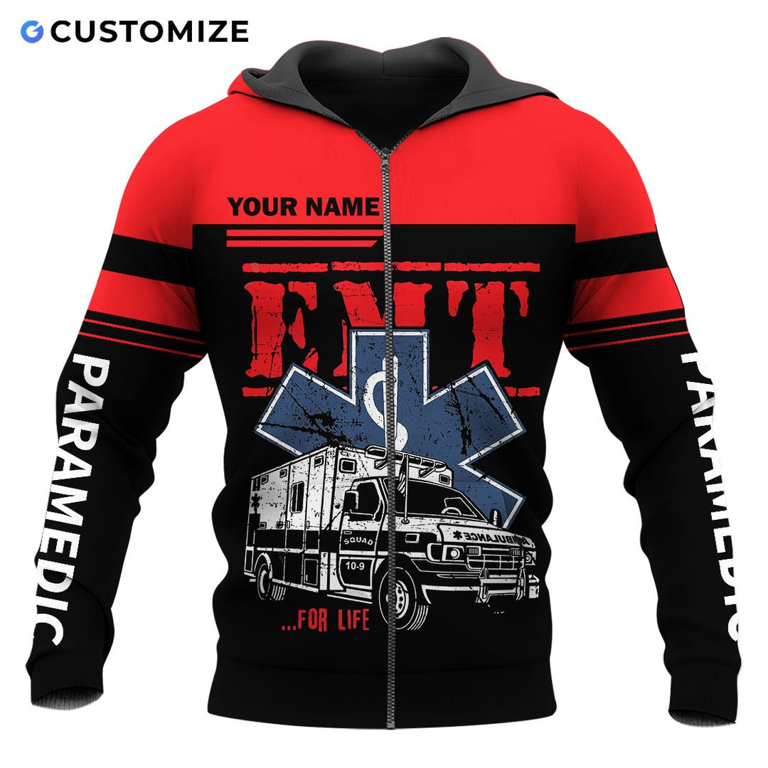 Personalized EMS paramedic zip hoodie featuring red emt ambulance print all-over print, zip-front design
