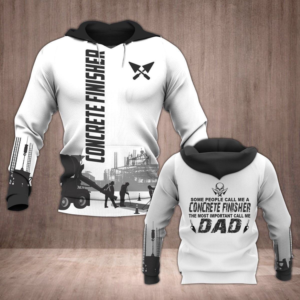 Concrete finisher hoodie featuring white concrete work crew all-over print