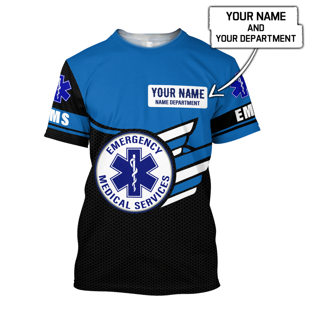 Personalized EMS paramedic t-shirt featuring blue emergency medical services all-over print, short-sleeve design