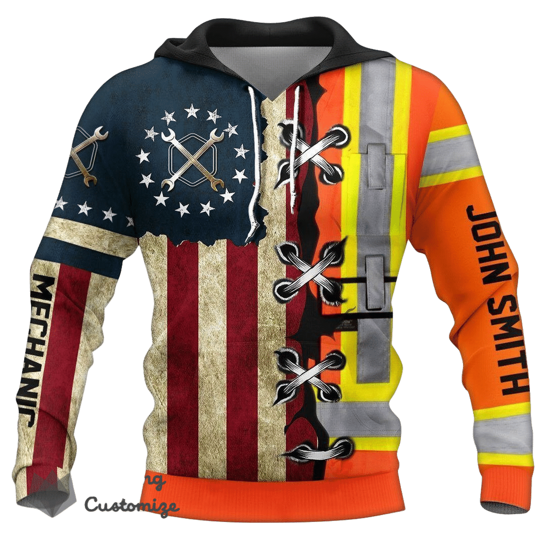 Personalized mechanic hoodie featuring american flag orange stripe print all-over print
