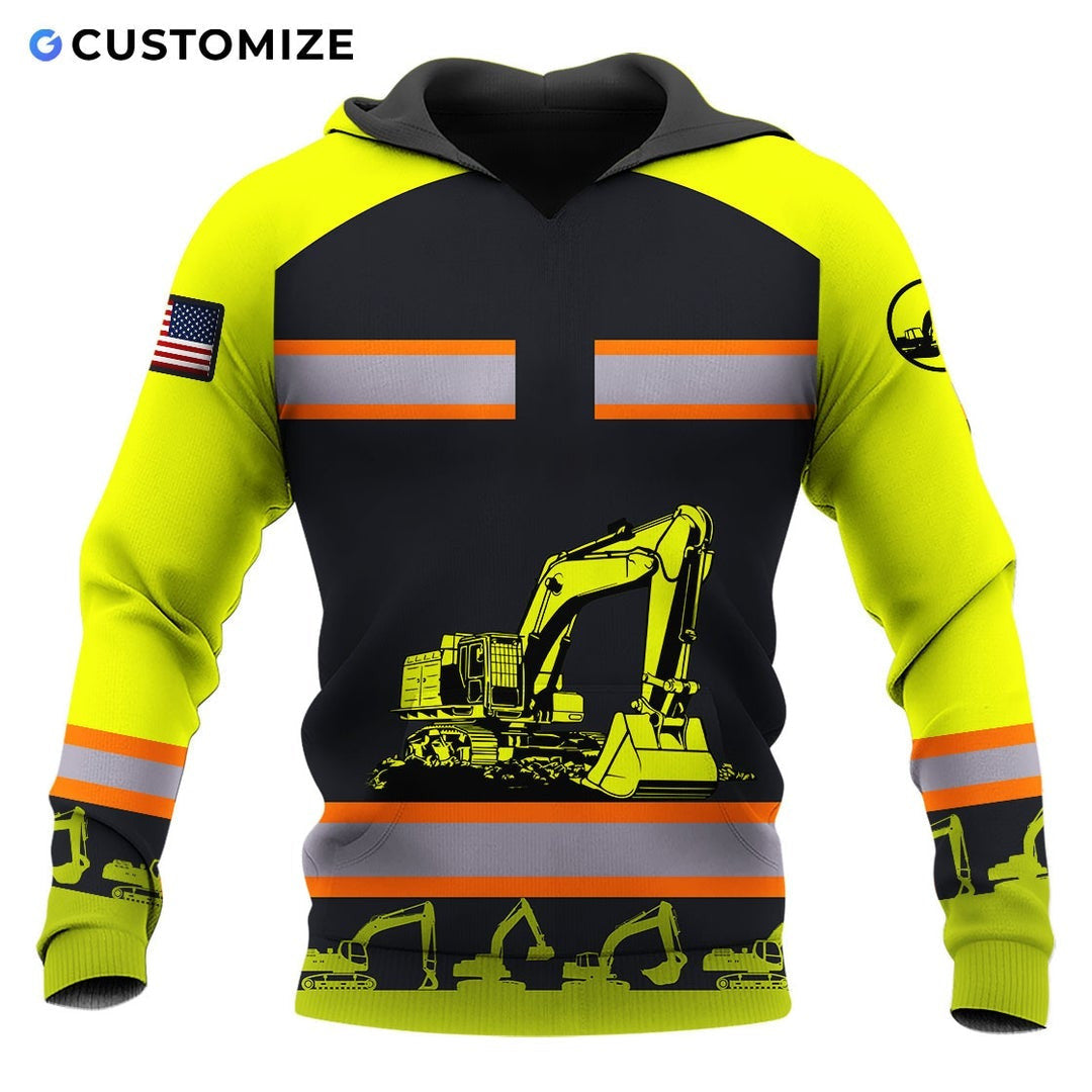Personalized excavator operator hoodie featuring yellow excavator stripe print all-over print