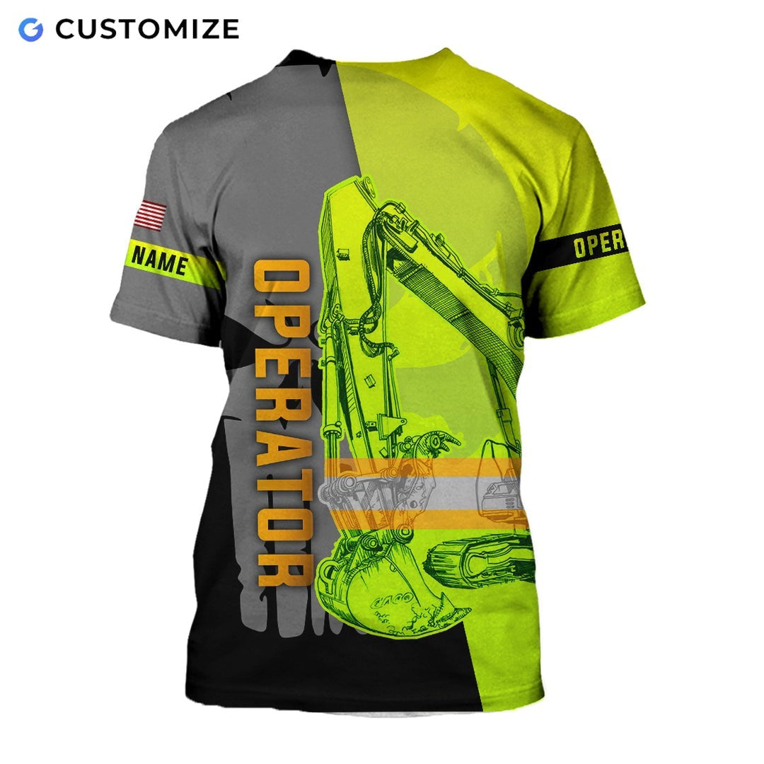 Personalized excavator operator t-shirt featuring yellow grey diagonal excavator all-over print, back view
