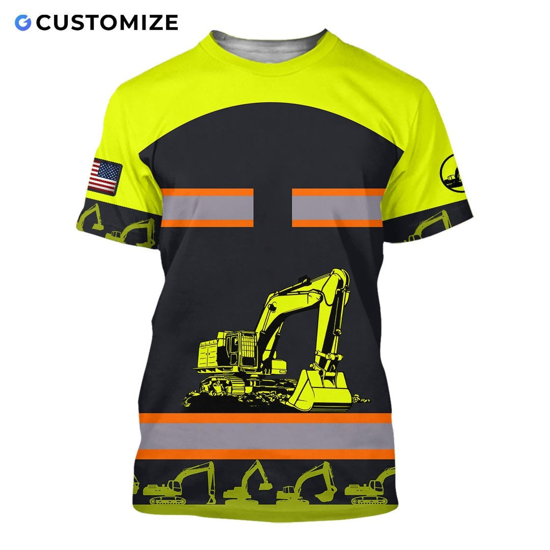 Personalized excavator operator t-shirt featuring yellow excavator stripe print all-over print, short-sleeve design