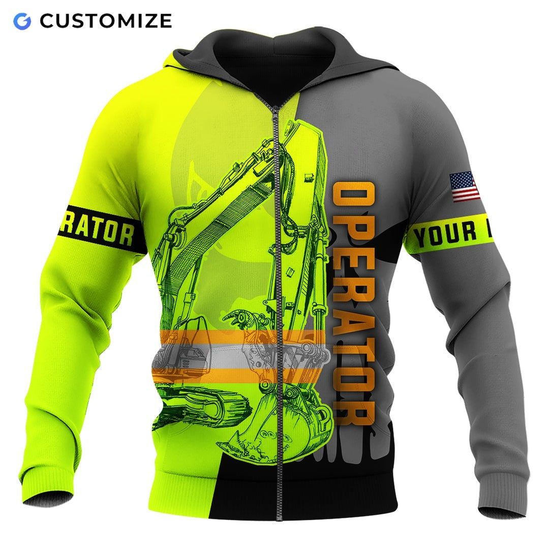 Personalized excavator operator zip hoodie featuring yellow grey diagonal excavator all-over print, zip-front design