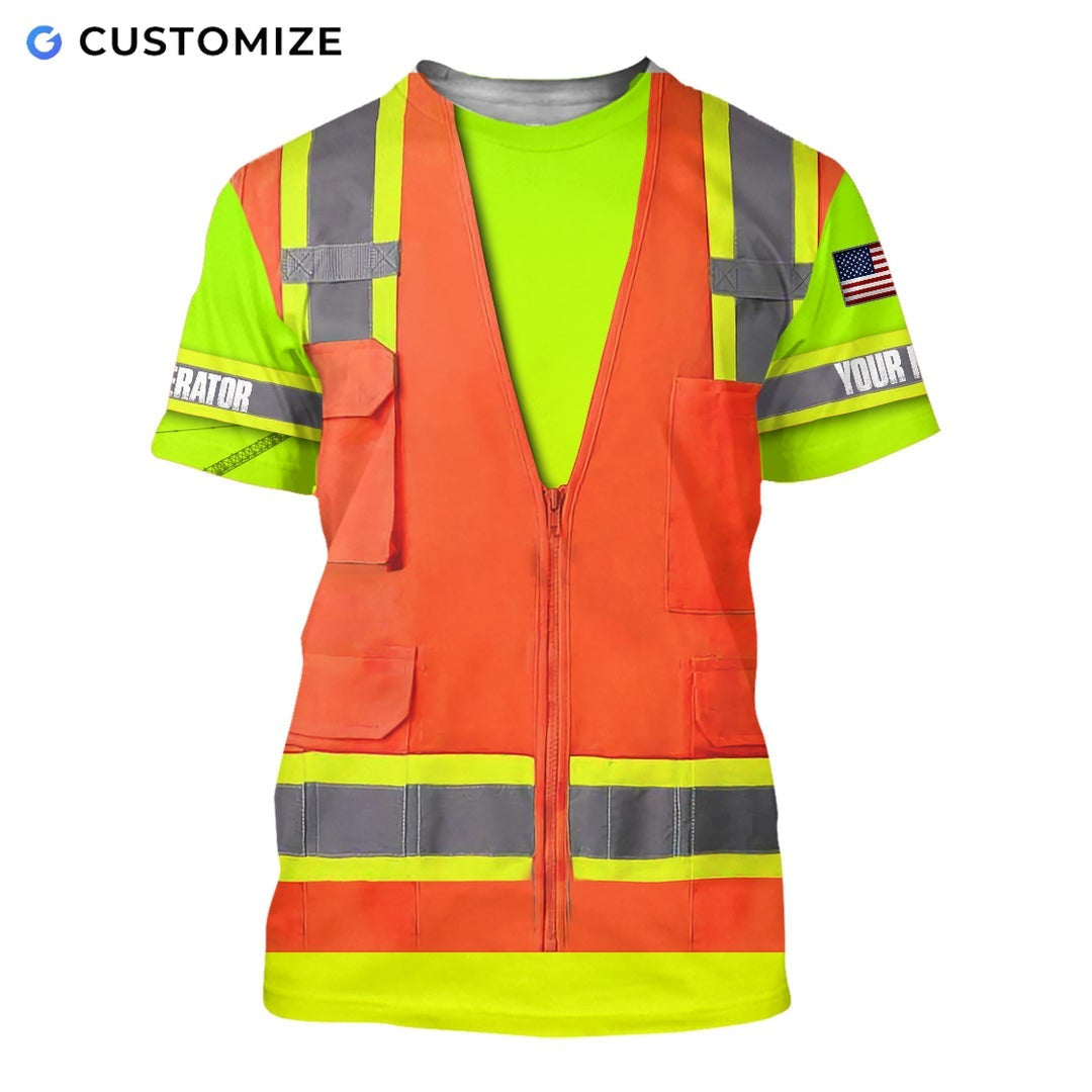 Personalized excavator operator t-shirt featuring orange vest print yellow sleeves all-over print, short-sleeve design