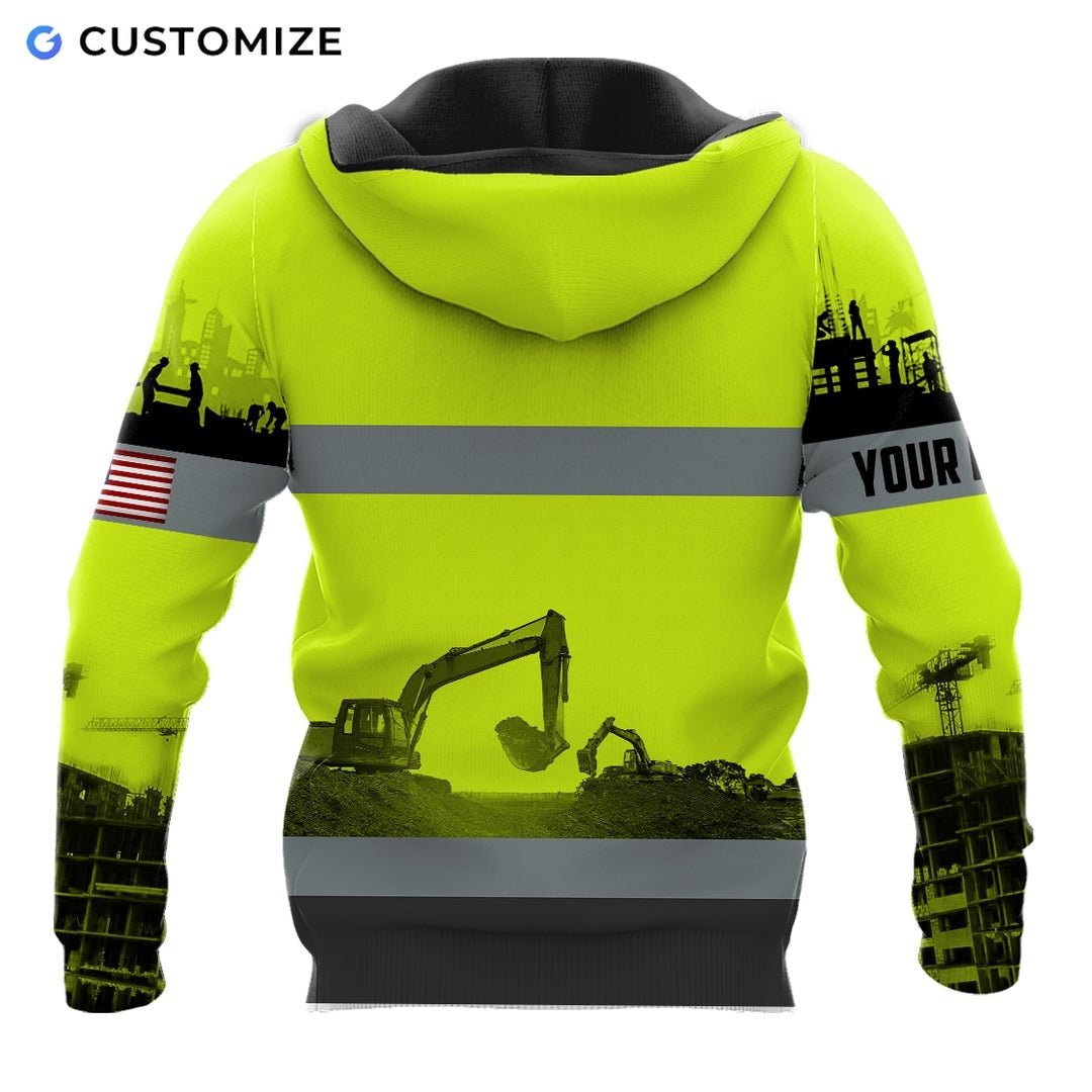Personalized excavator operator hoodie featuring yellow grey stripe excavator landscape all-over print, back view