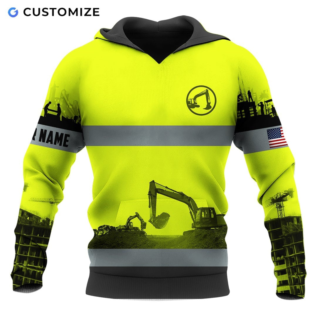 Personalized excavator operator hoodie featuring yellow grey stripe excavator landscape all-over print