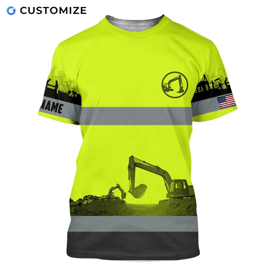 Personalized excavator operator t-shirt featuring yellow grey stripe excavator landscape all-over print, short-sleeve design