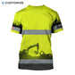 Personalized excavator operator t-shirt featuring yellow grey stripe excavator landscape all-over print, back view