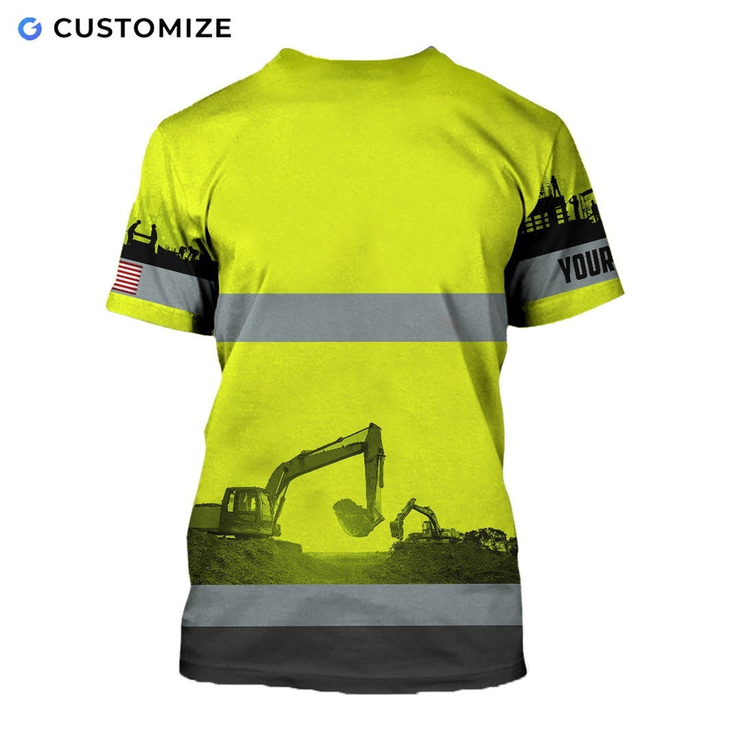 Personalized excavator operator t-shirt featuring yellow grey stripe excavator landscape all-over print, back view