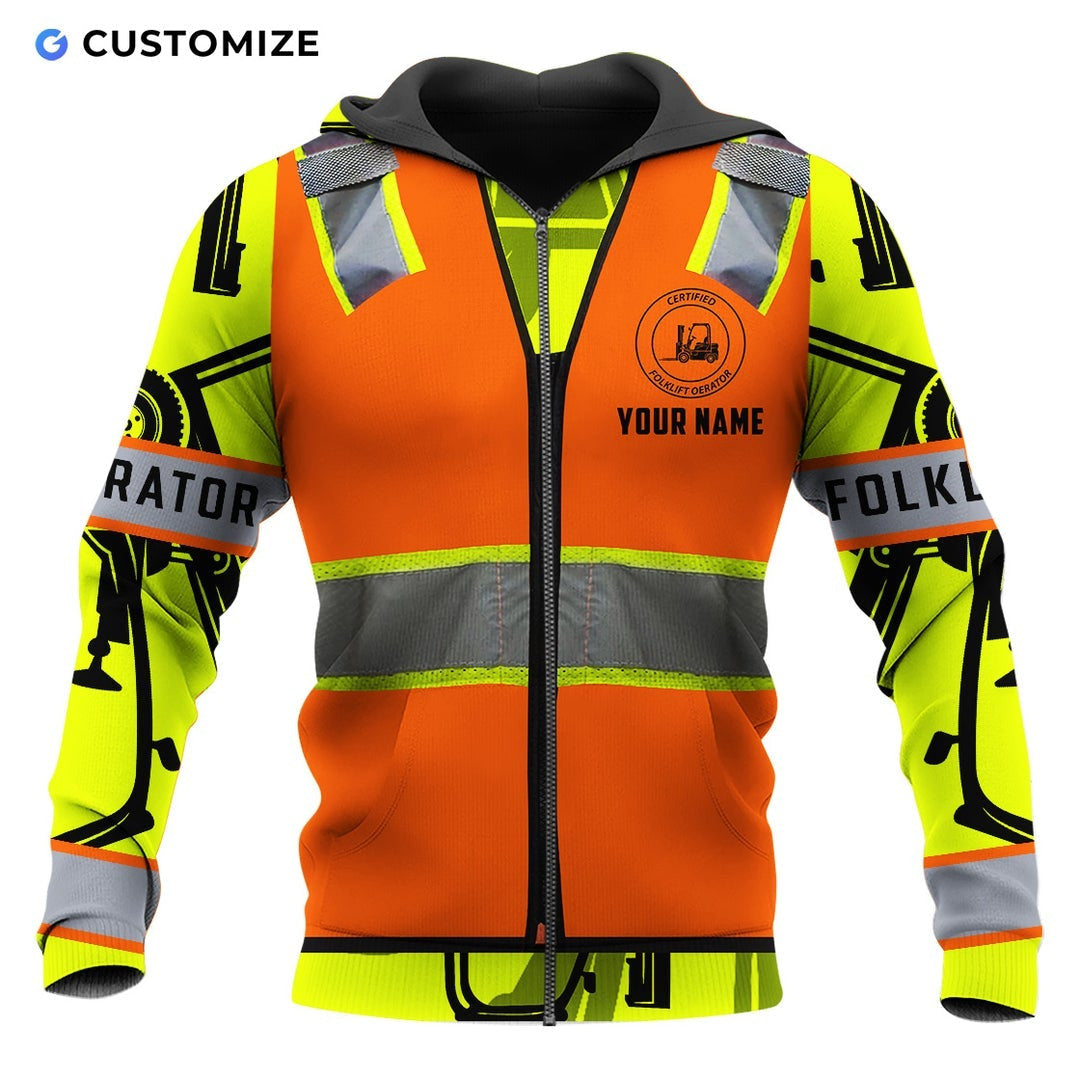 Personalized forklift operator zip hoodie featuring orange vest print heavy equipment all-over print, zip-front design