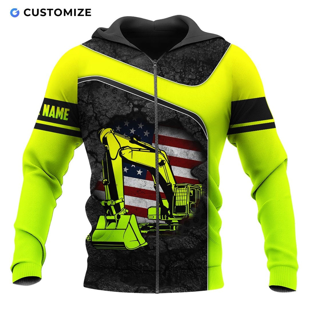 Personalized excavator operator zip hoodie featuring neon yellow american flag excavator all-over print, zip-front design