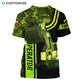 Personalized excavator operator t-shirt featuring green camo excavator bucket all-over print, back view