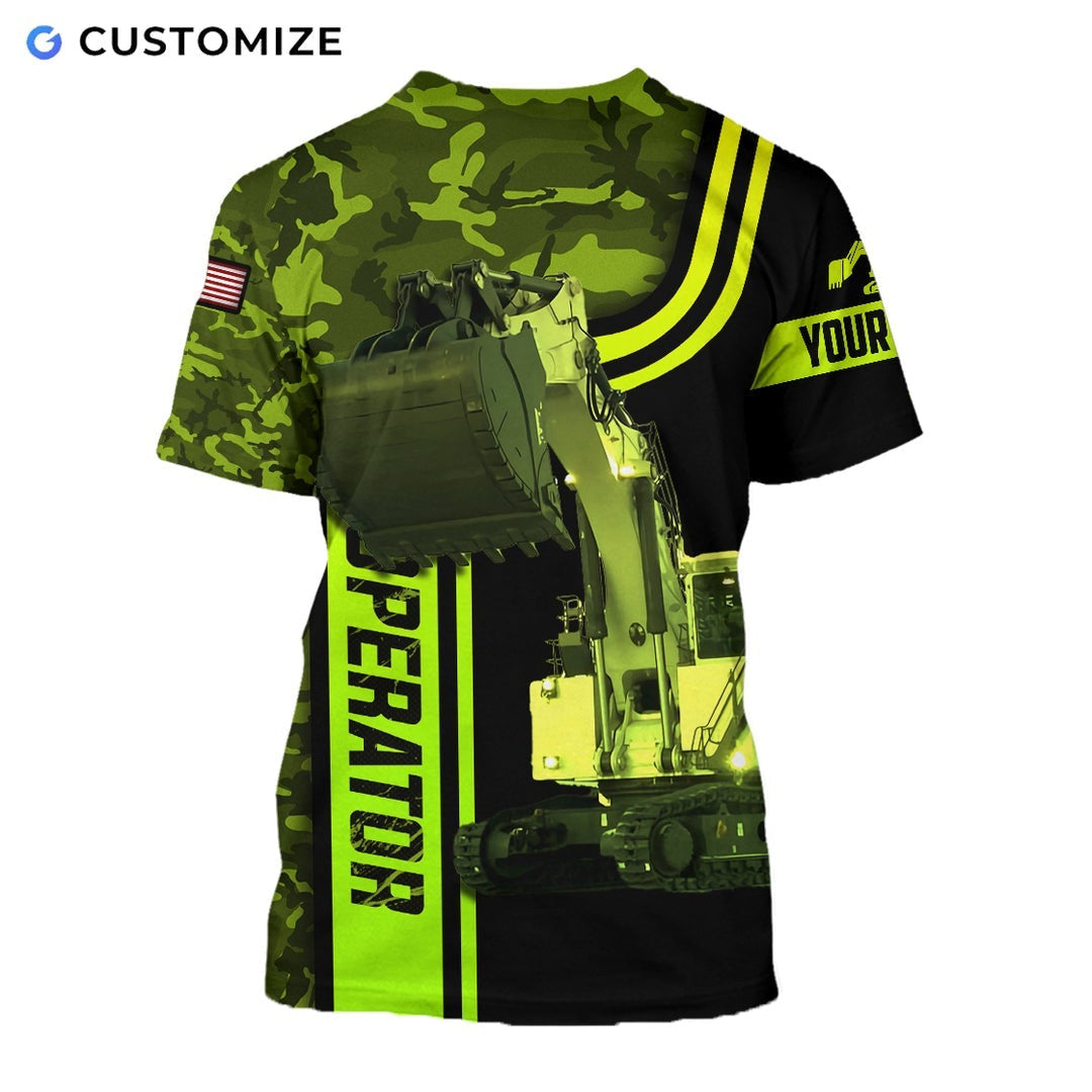 Personalized excavator operator t-shirt featuring green camo excavator bucket all-over print, back view