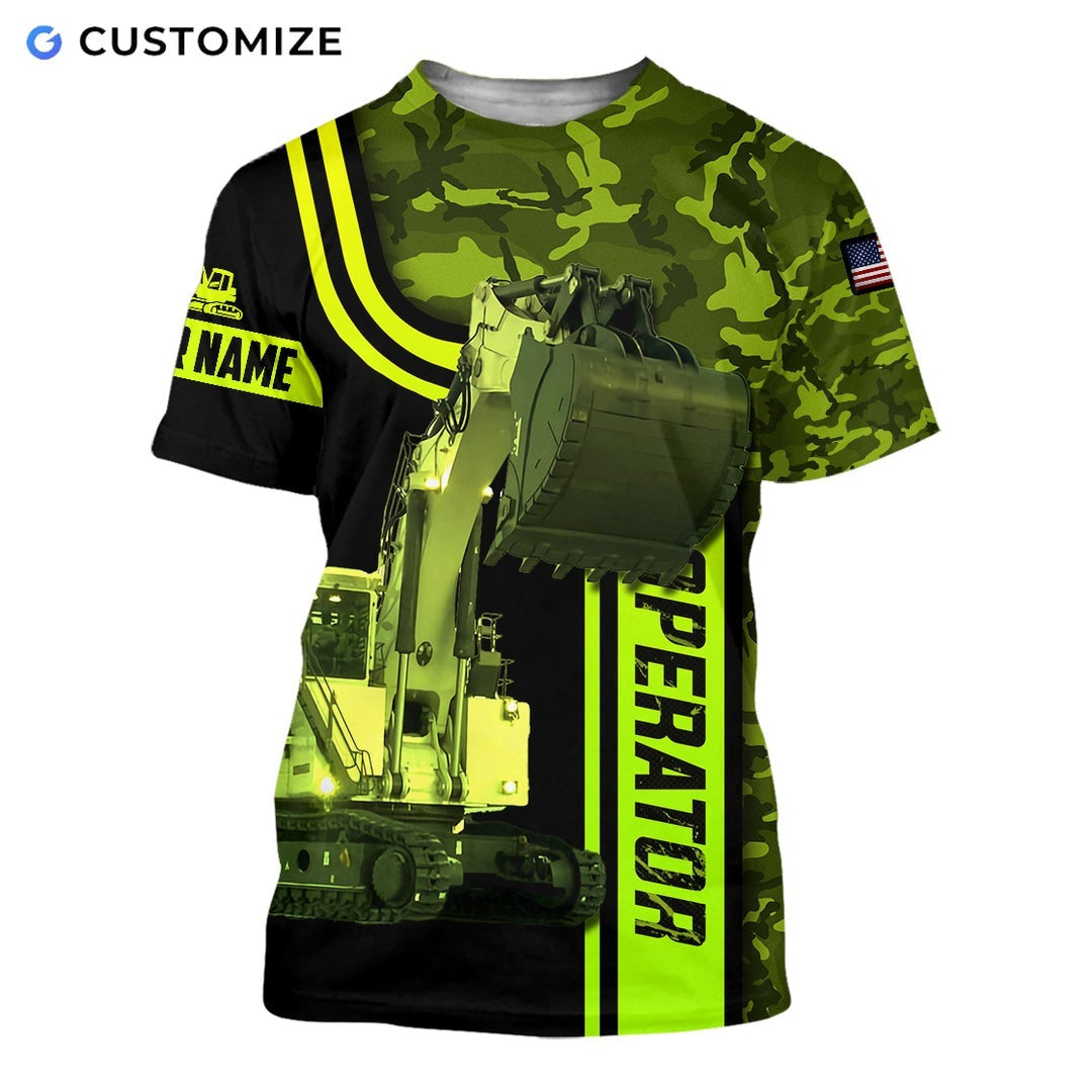 Personalized excavator operator t-shirt featuring green camo excavator bucket all-over print, short-sleeve design