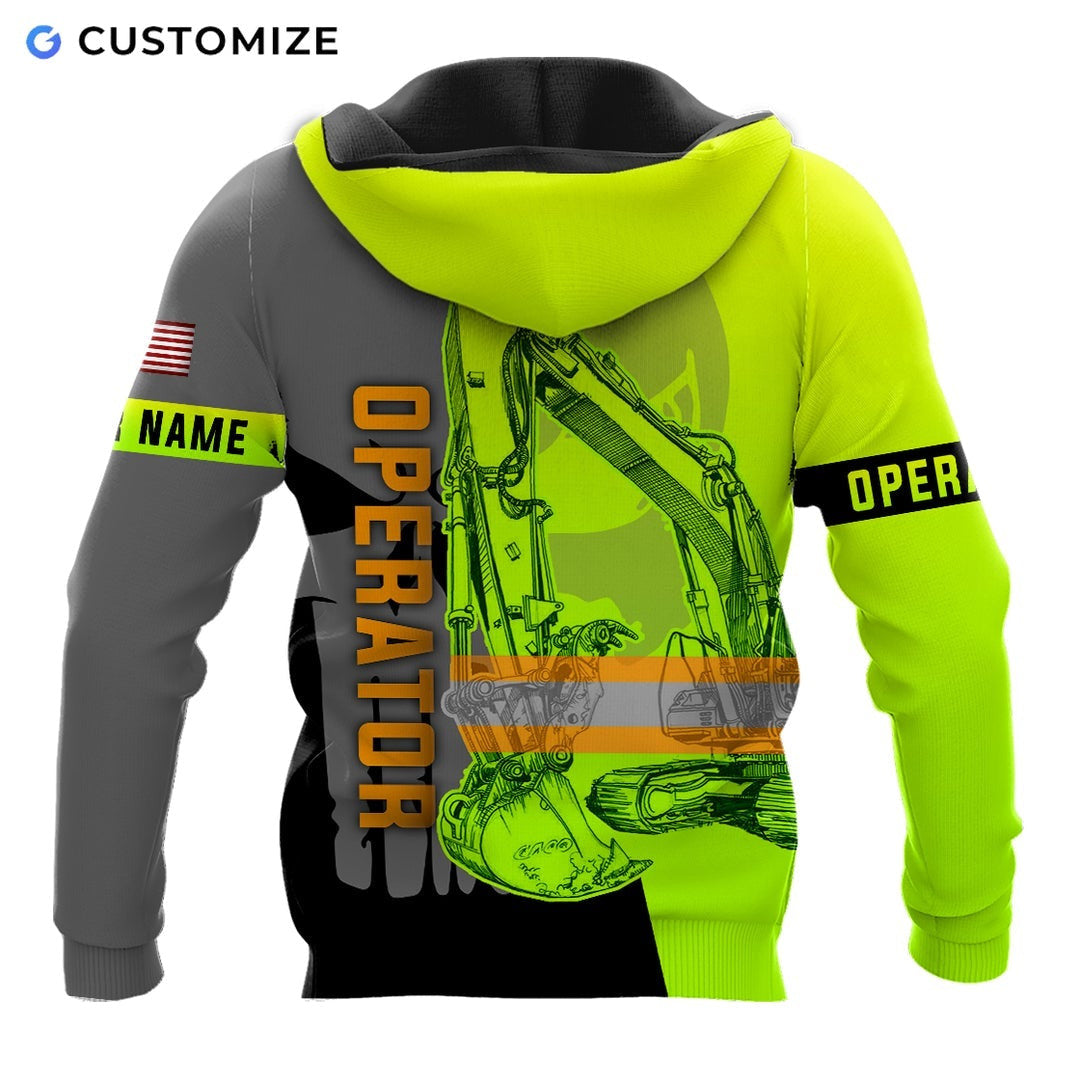Personalized excavator operator hoodie featuring yellow grey diagonal excavator all-over print, back view