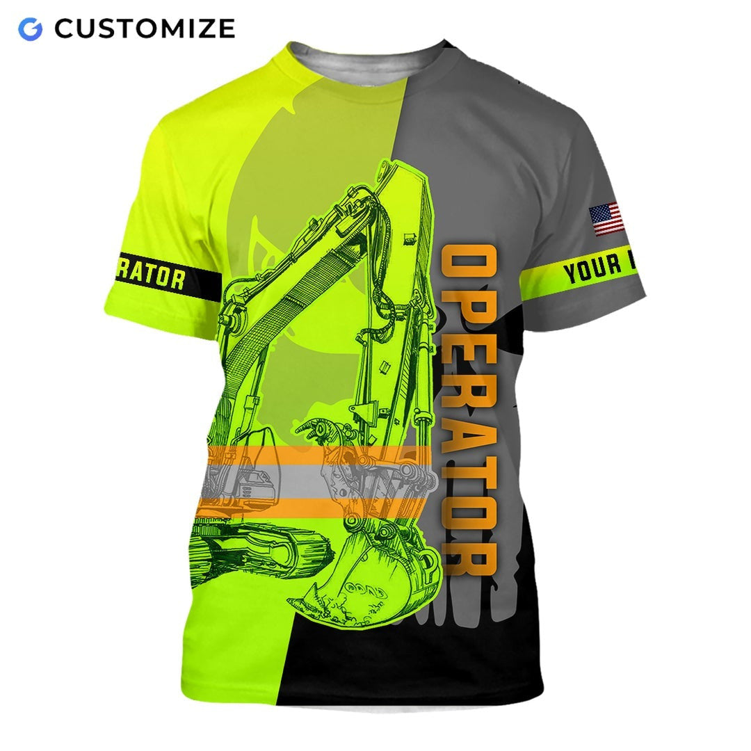 Personalized excavator operator t-shirt featuring yellow grey diagonal excavator all-over print, short-sleeve design