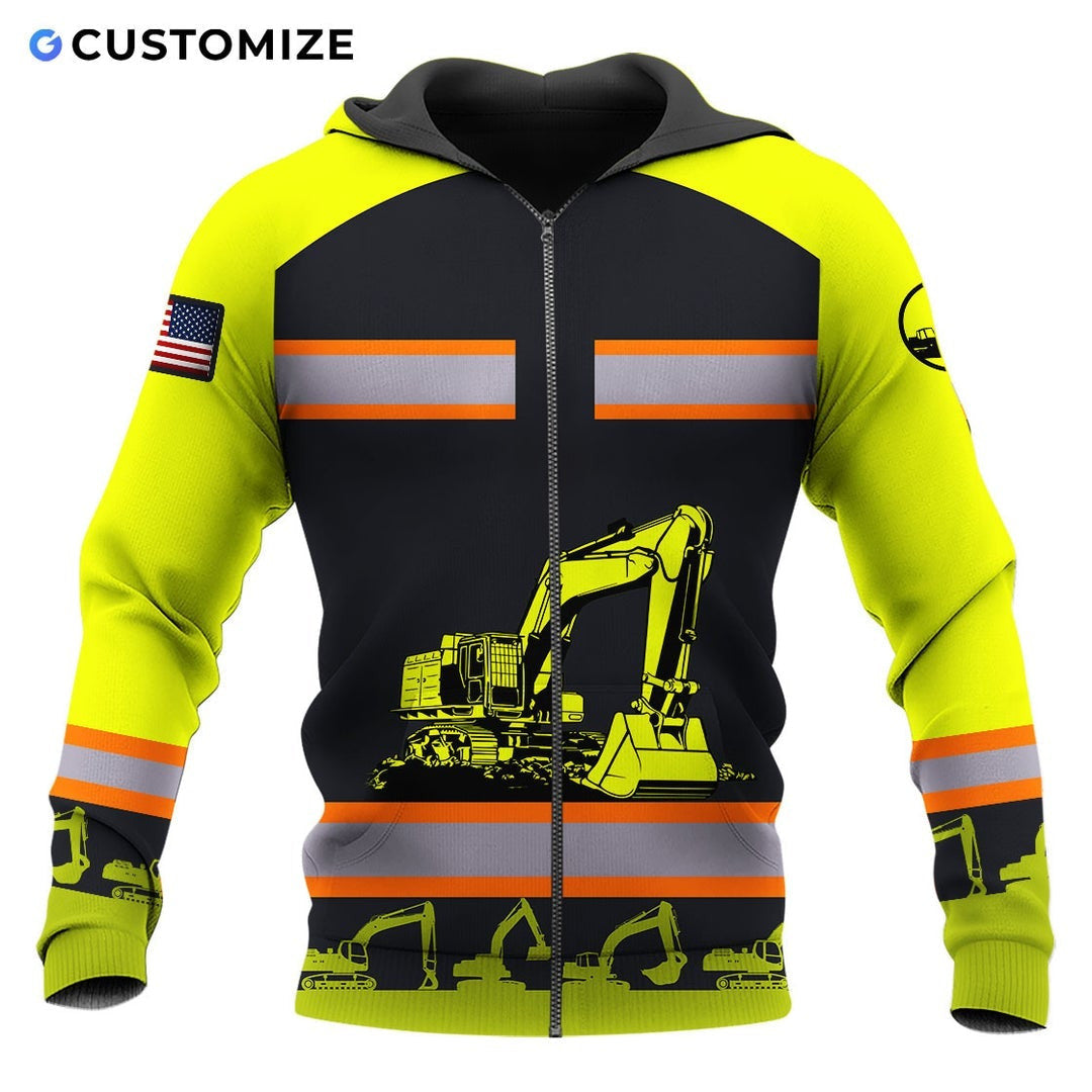 Personalized excavator operator zip hoodie featuring yellow excavator stripe print all-over print, zip-front design