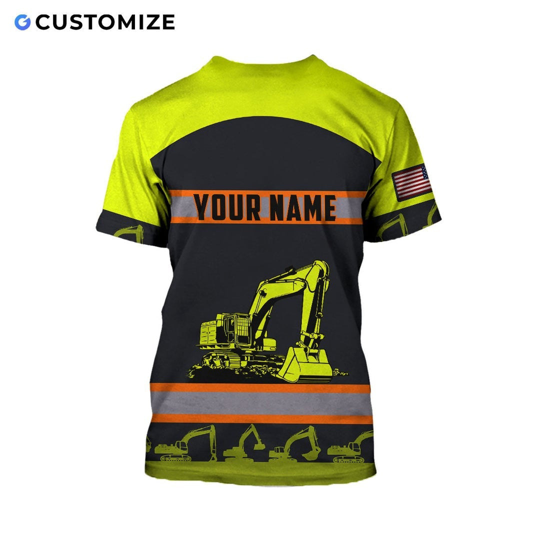 Personalized excavator operator t-shirt featuring yellow excavator stripe print all-over print, back view