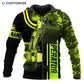 Personalized excavator operator zip hoodie featuring green camo excavator bucket all-over print, zip-front design