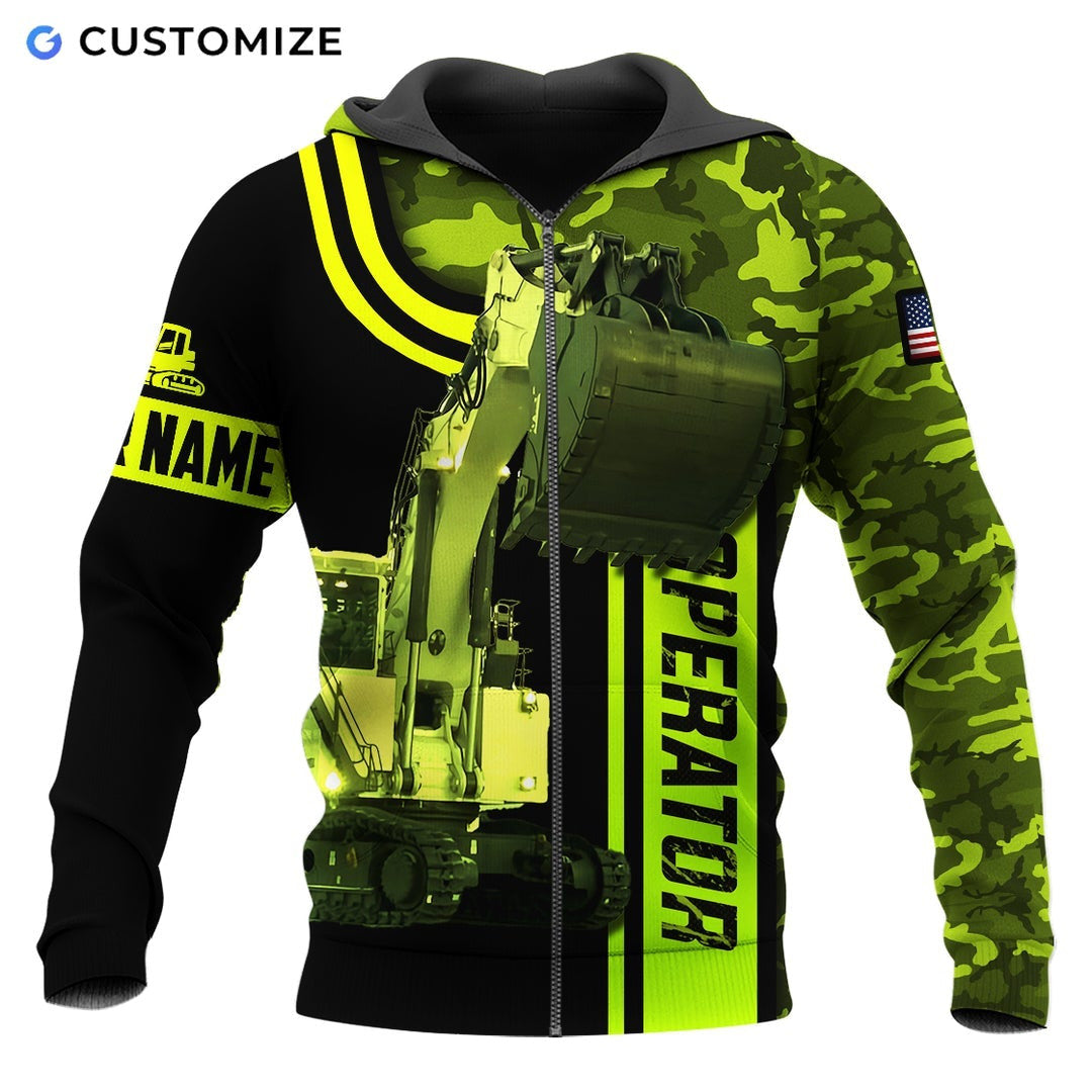 Personalized excavator operator zip hoodie featuring green camo excavator bucket all-over print, zip-front design