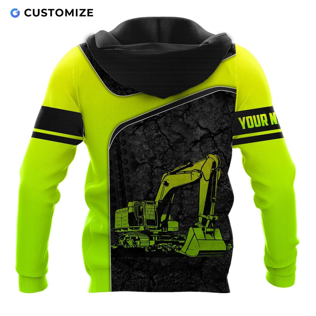 Personalized excavator operator hoodie featuring neon yellow american flag excavator all-over print, back view