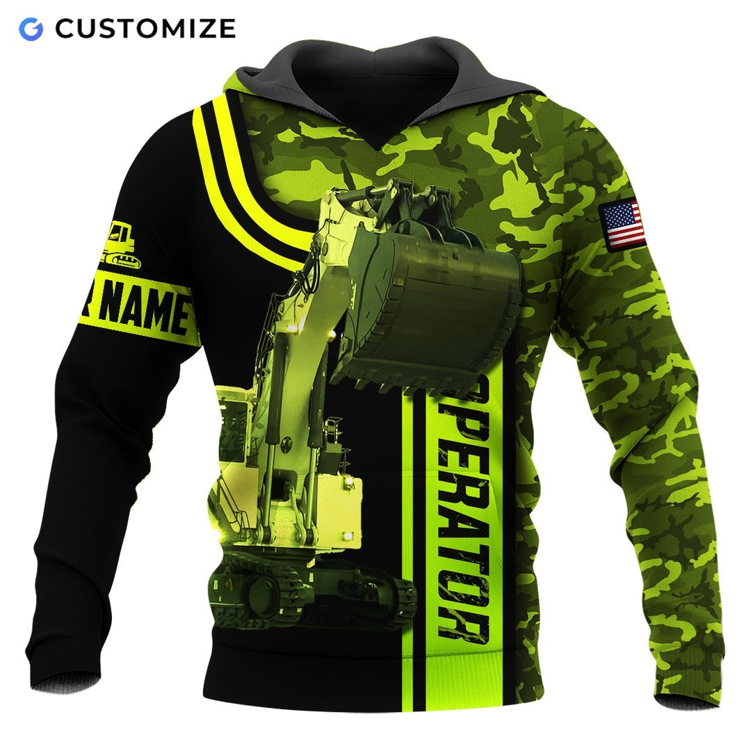 Personalized excavator operator hoodie featuring green camo excavator bucket all-over print