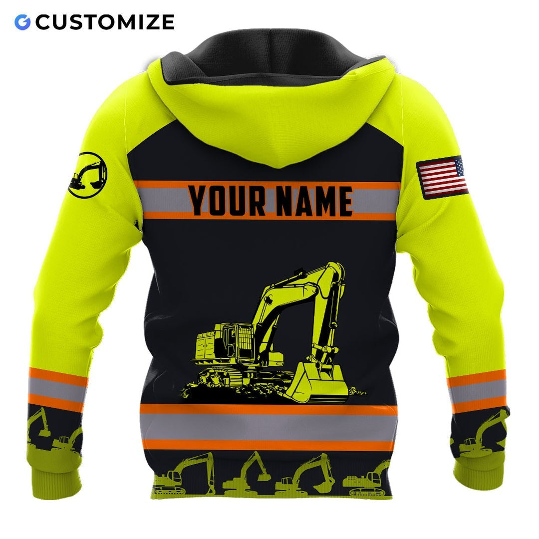 Personalized excavator operator hoodie featuring yellow excavator stripe print all-over print, back view