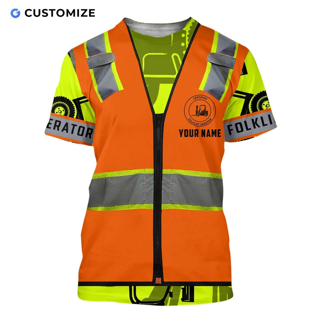 Personalized forklift operator t-shirt featuring orange vest print heavy equipment all-over print, short-sleeve design