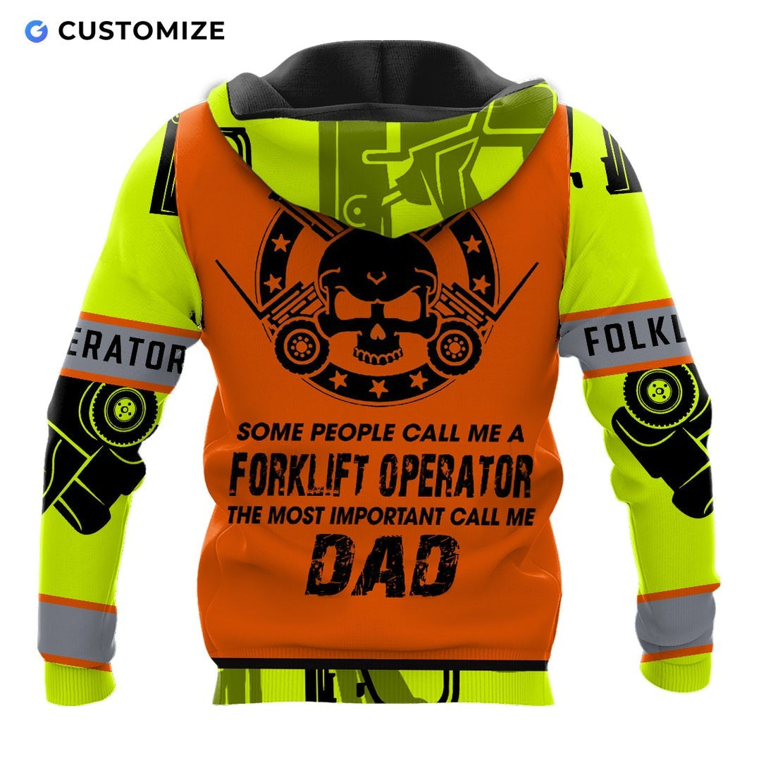 Personalized forklift operator hoodie featuring orange vest print heavy equipment all-over print, back view