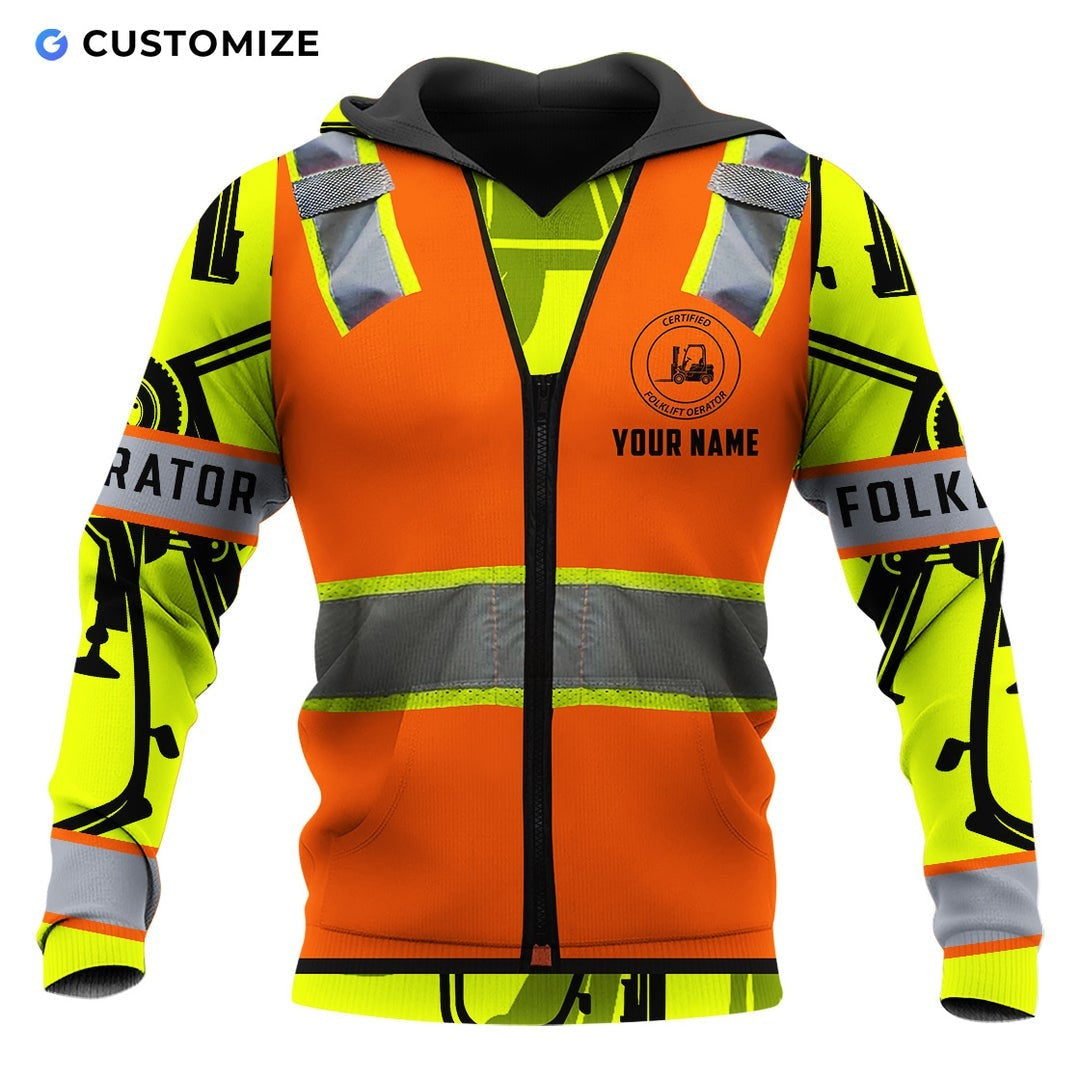 Personalized forklift operator hoodie featuring orange vest print heavy equipment all-over print