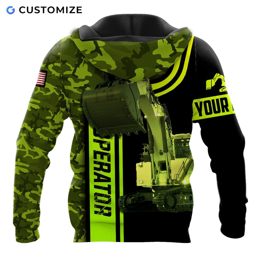 Personalized excavator operator hoodie featuring green camo excavator bucket all-over print, back view