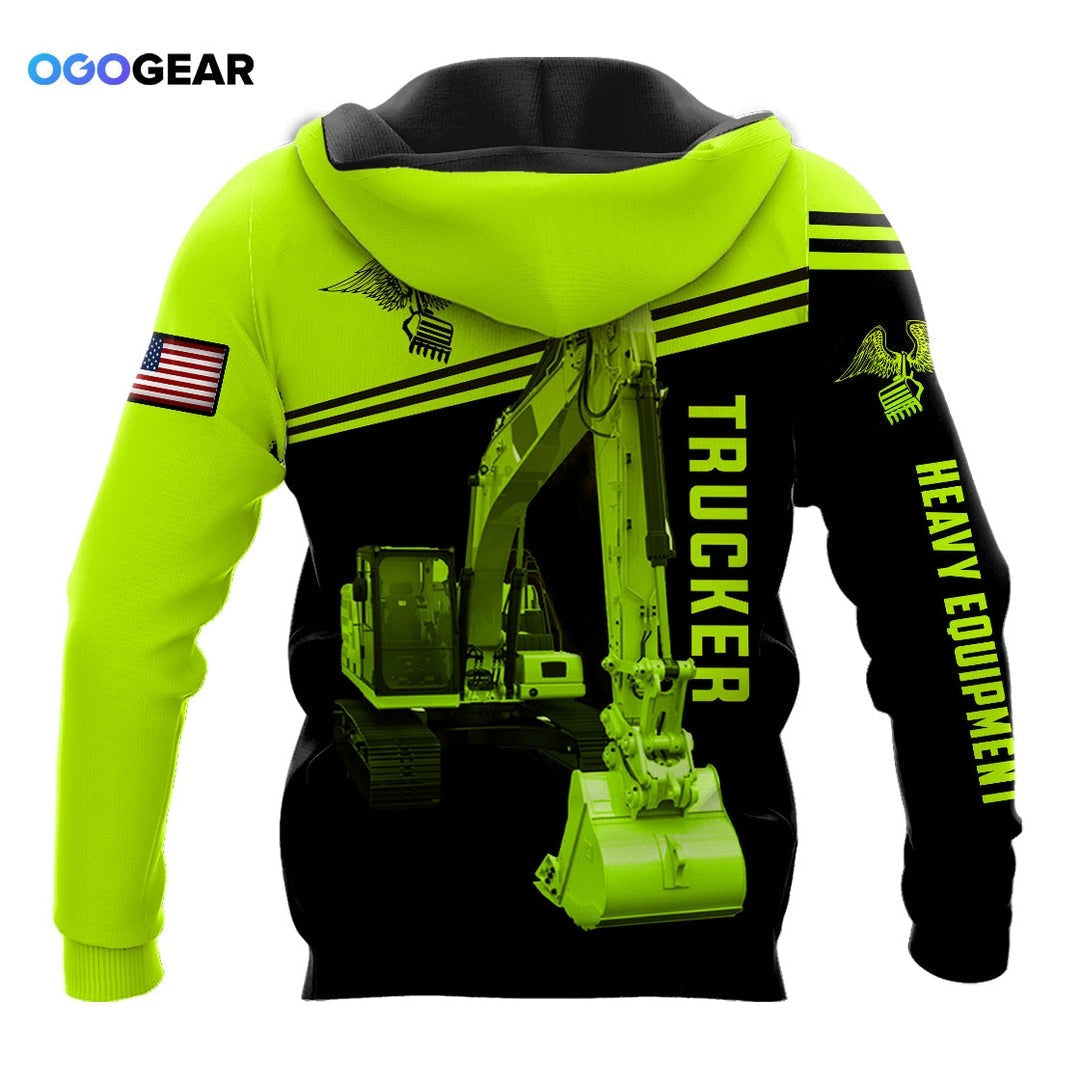 Personalized heavy equipment hoodie featuring neon yellow black excavator bucket all-over print, back view