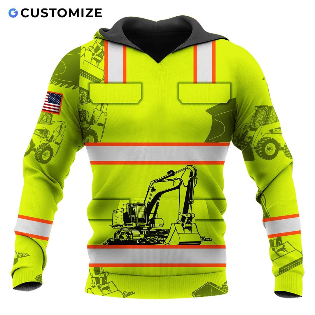 Personalized excavator operator hoodie featuring yellow excavator vest print all-over print