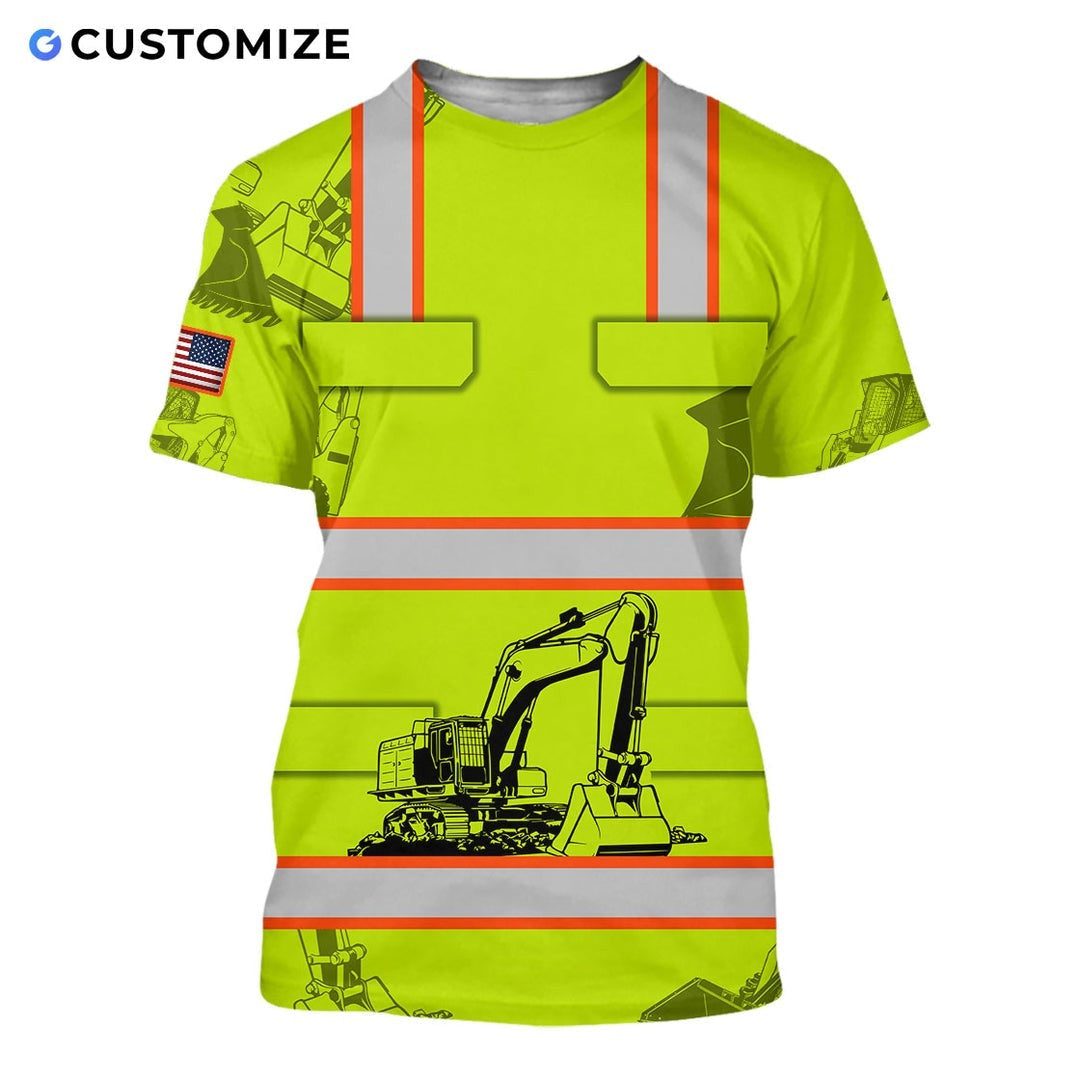 Personalized excavator operator t-shirt featuring yellow excavator vest print all-over print, short-sleeve design