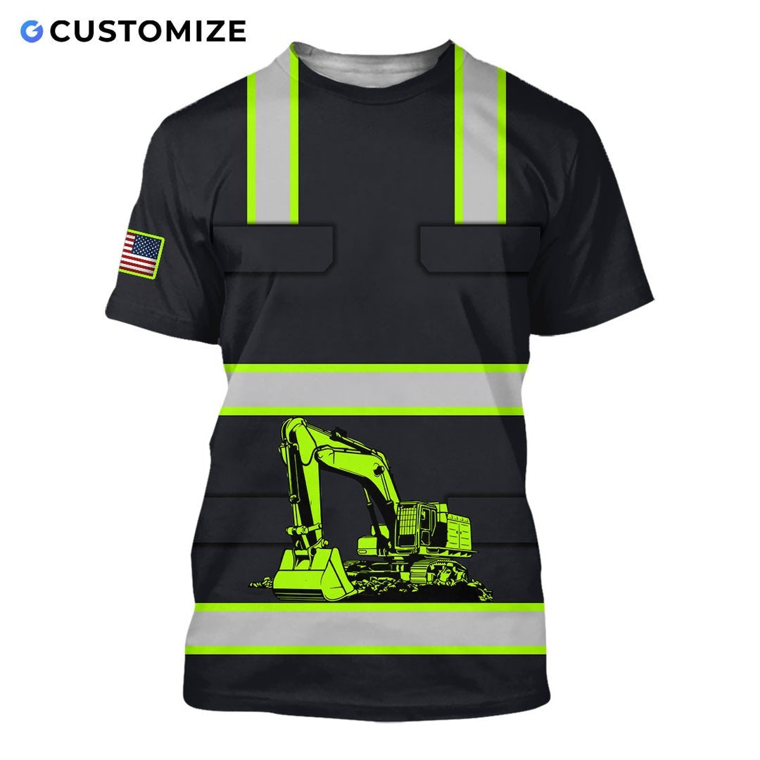 Personalized excavator operator t-shirt featuring black yellow stripe excavator all-over print, short-sleeve design