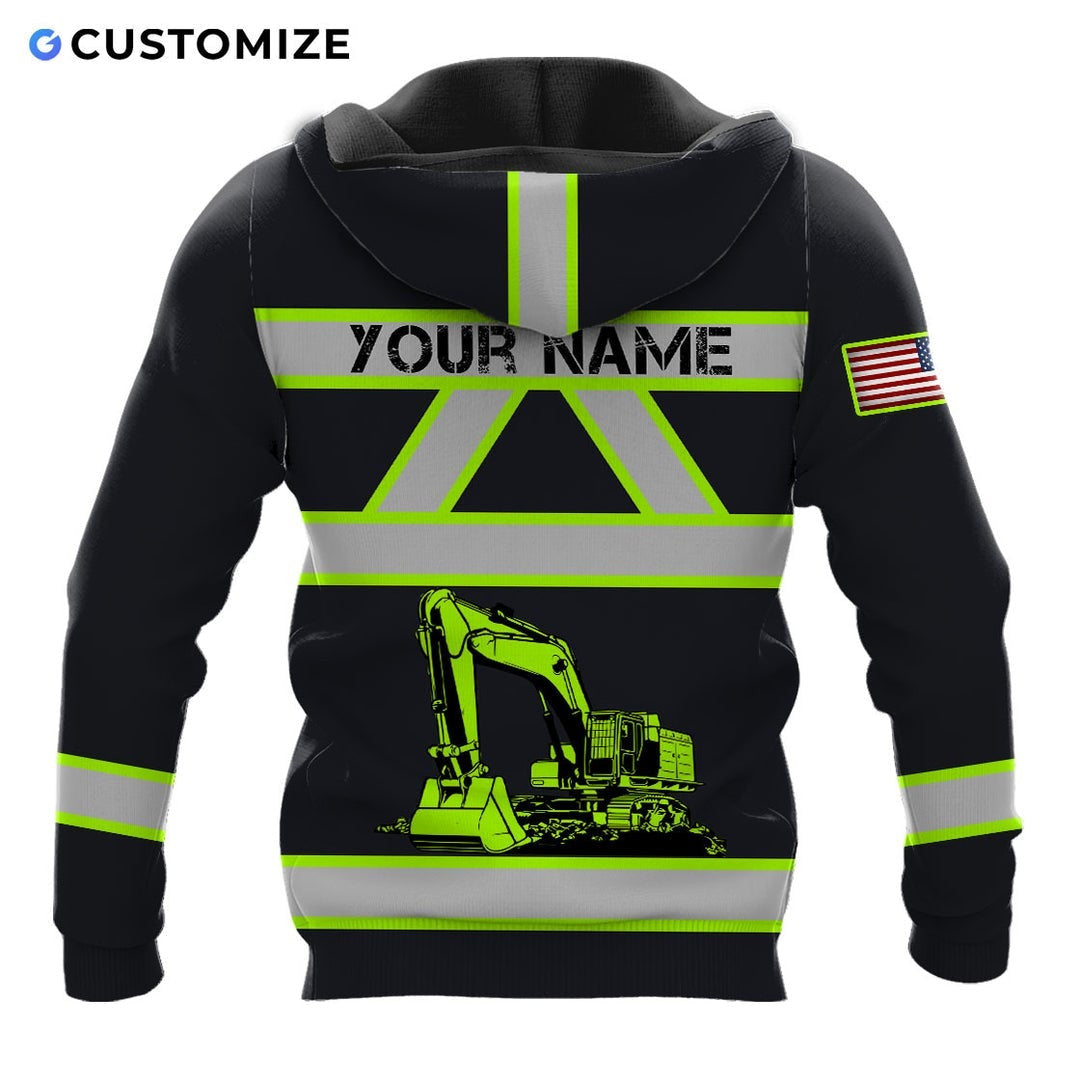 Personalized excavator operator hoodie featuring black yellow stripe excavator all-over print, back view