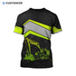 Personalized excavator operator t-shirt featuring excavator and american flag all-over print, back view
