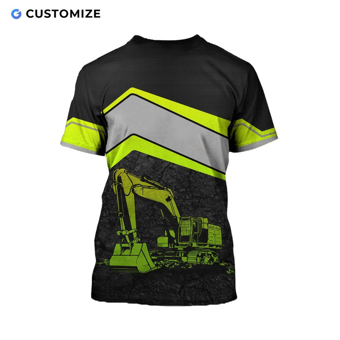 Personalized excavator operator t-shirt featuring excavator and american flag all-over print, back view