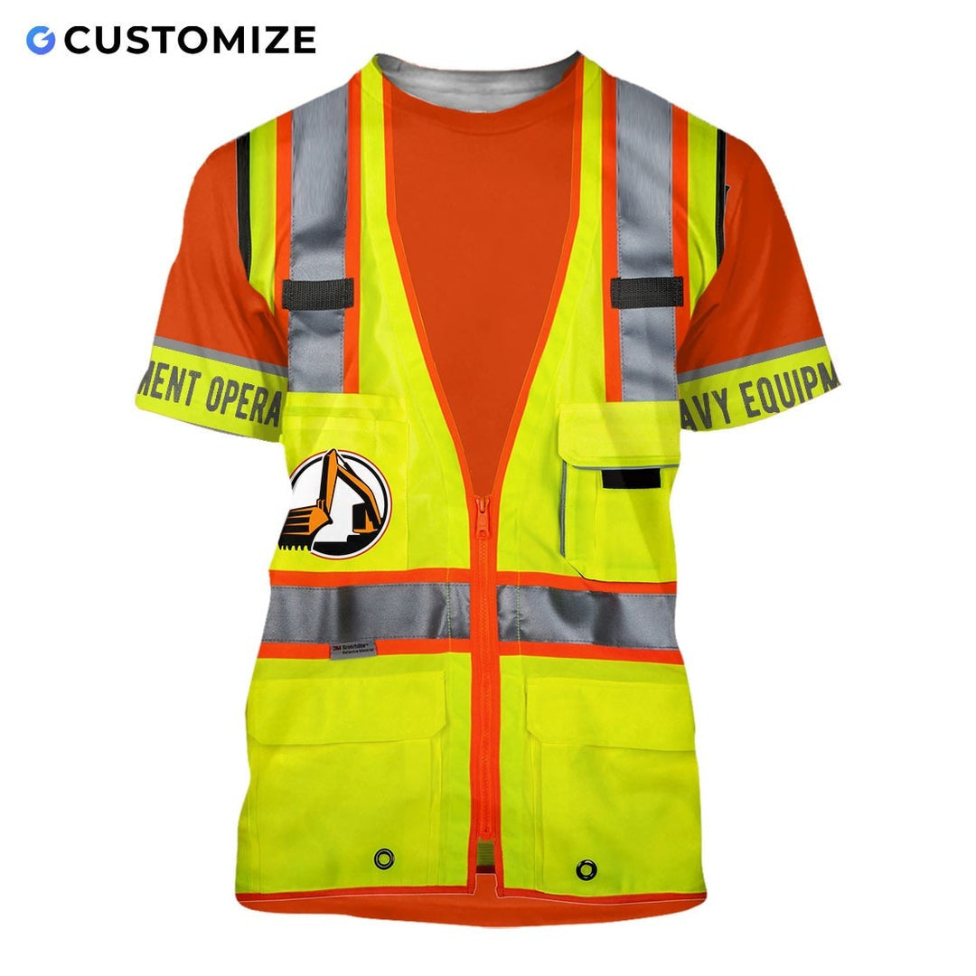 Personalized excavator operator t-shirt featuring yellow vest print orange sleeves all-over print, short-sleeve design