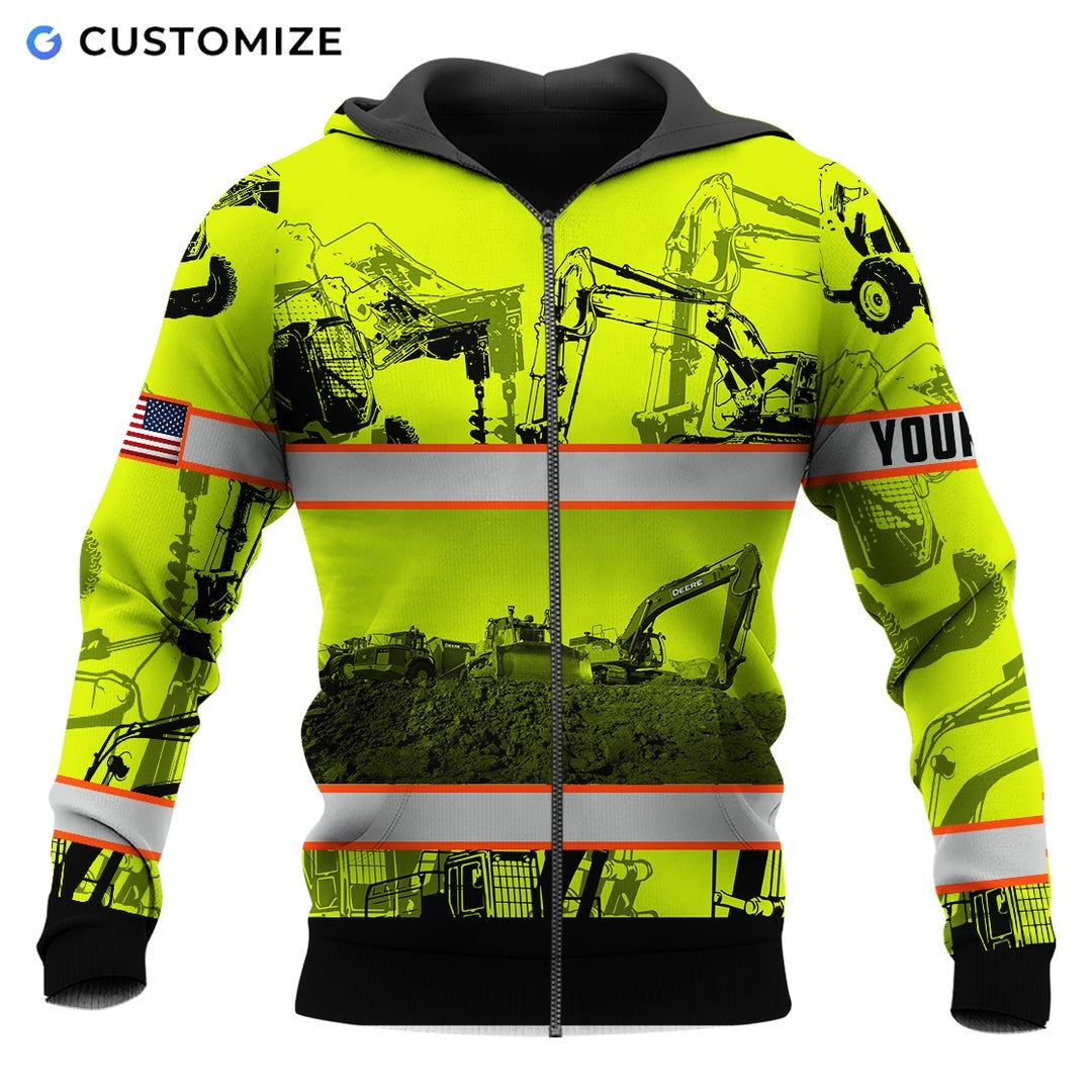 Personalized excavator operator zip hoodie featuring yellow excavator pattern orange stripes all-over print, zip-front design