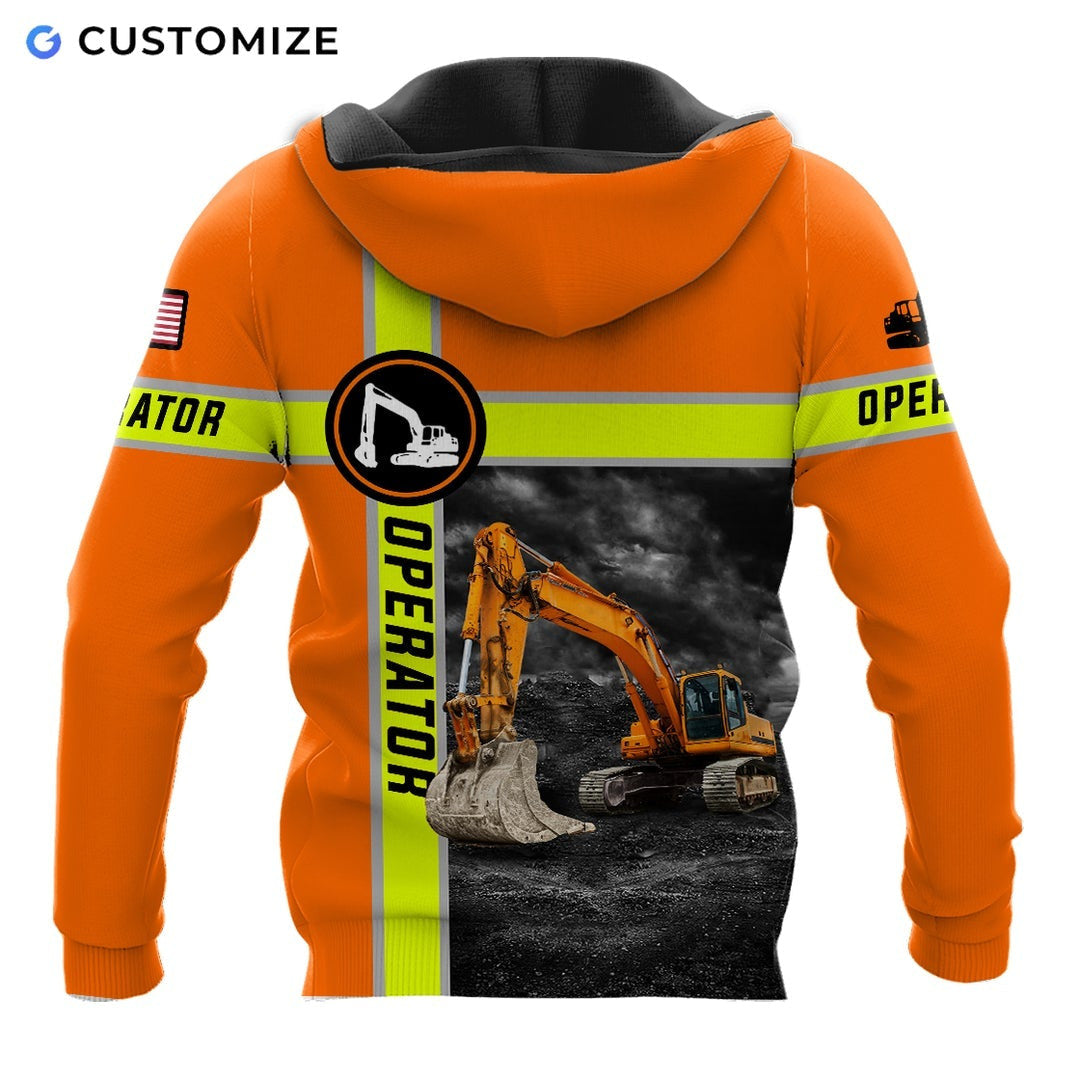 Personalized excavator operator hoodie featuring orange excavator operator quote all-over print, back view
