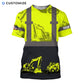 Personalized excavator operator t-shirt featuring yellow black heavy equipment panels all-over print, short-sleeve design