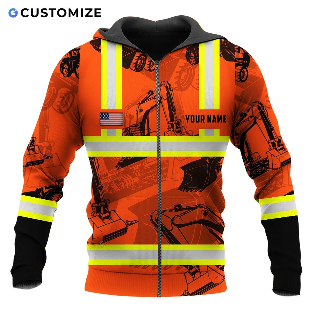 Personalized excavator operator zip hoodie featuring orange excavator pattern stripe print all-over print, zip-front design