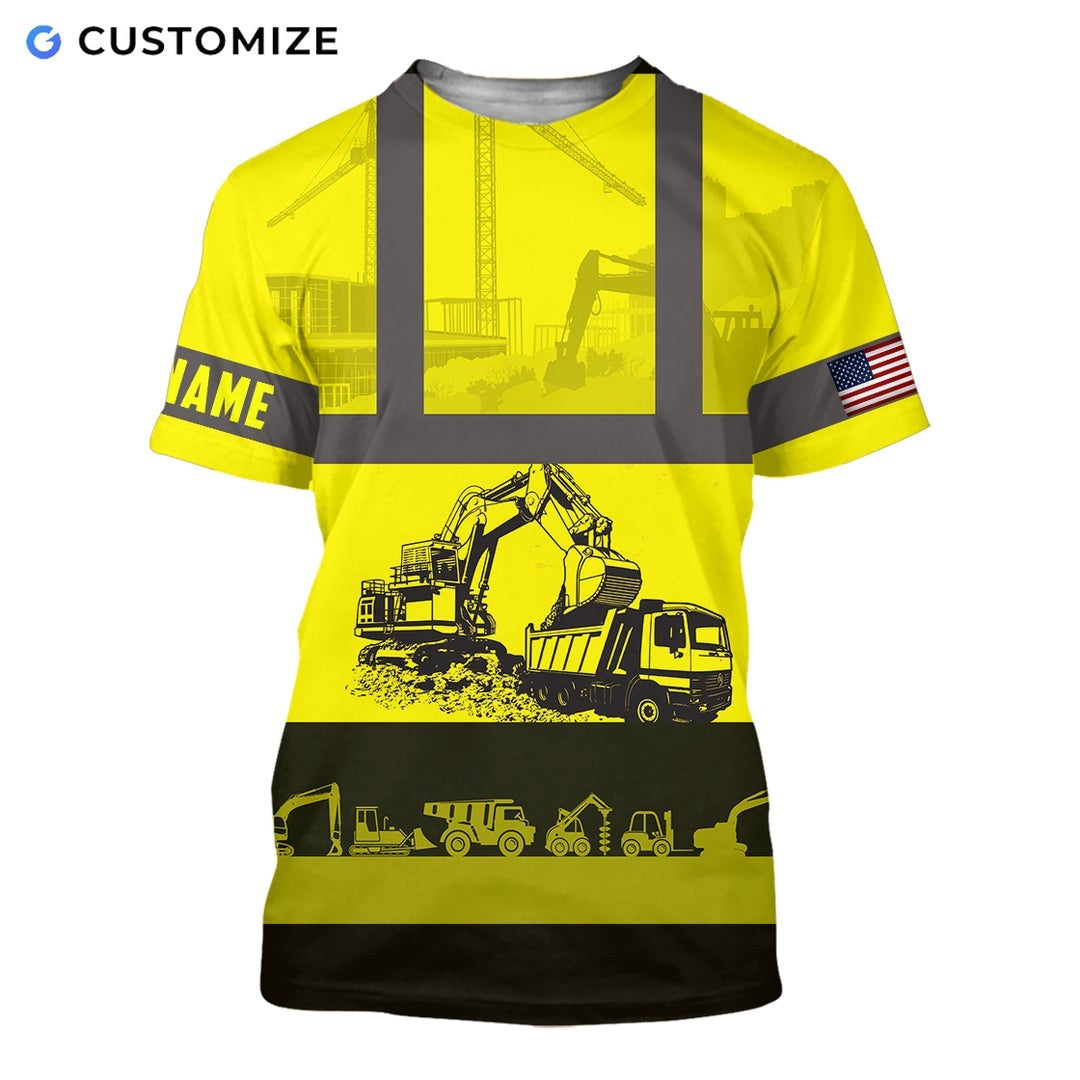 Personalized excavator operator t-shirt featuring yellow construction equipment print all-over print, short-sleeve design