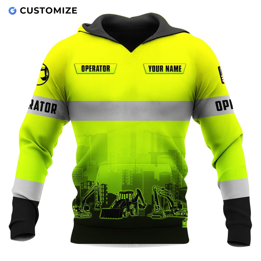 Personalized excavator operator hoodie featuring yellow grey stripe excavator fleet all-over print