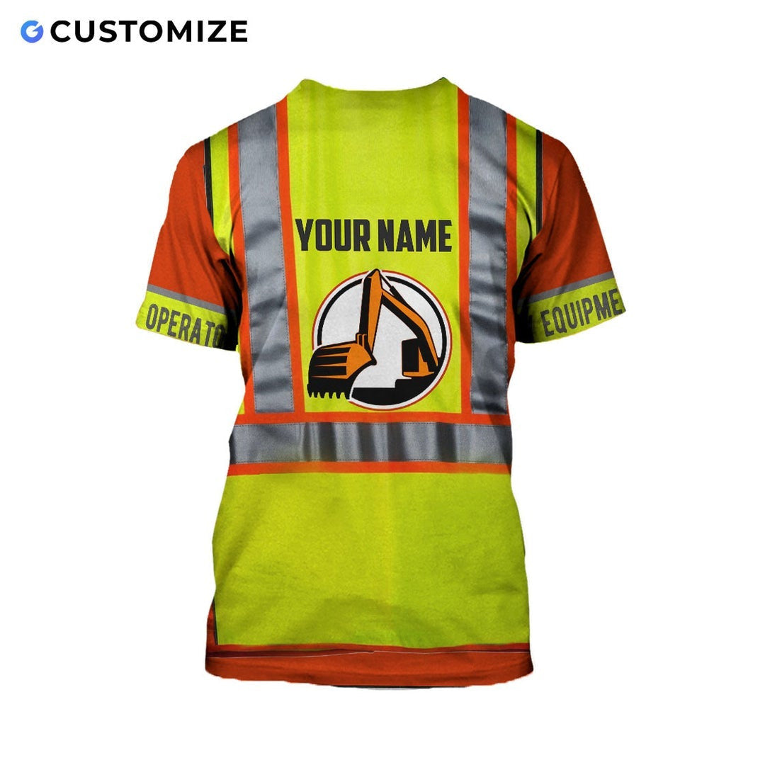 Personalized excavator operator t-shirt featuring yellow vest print orange sleeves all-over print, back view